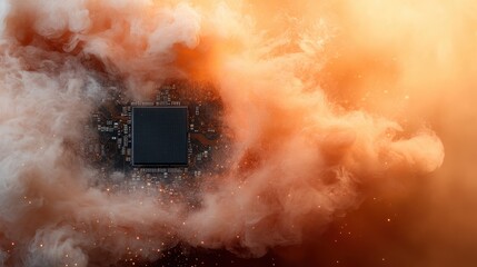 This image showcases a futuristic microchip enveloped in a dramatic cloud of smoke, symbolizing innovation and technology in a visually striking manner.