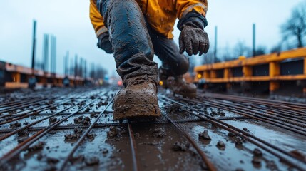 This image features a construction worker emerging from a muddy site, highlighting the hard work and dedication of individuals in challenging conditions in the construction industry.