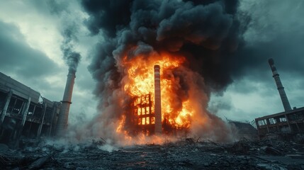 This striking image captures a massive industrial fire engulfing a building, with thick black smoke billowing into the sky, symbolizing chaos and destruction in urban landscapes.