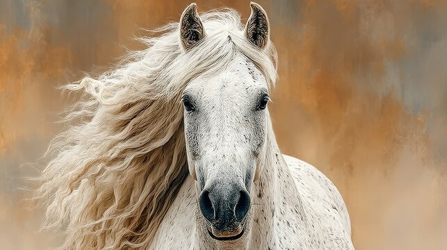 Majestic white horse with flowing mane stands confidently in front of a dramatic background at sunset