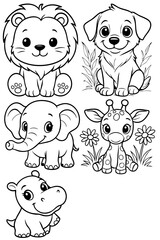 Funny cartoon animal heads illustration set with cute dogs, cats, pigs, and elephants