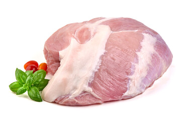 Raw Pork Loin, Tomatoes, Basil, isolated on white background