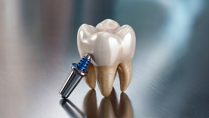Realistic 3D Render of Human Molar Tooth with Blue and Silver Dental Implant on Reflective Surface