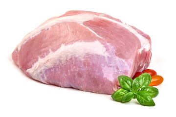 Pork Roast, Basil, Tomatoes, isolated on white background