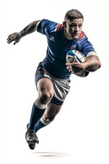 Naklejka premium Rugby player jumping and running with ball isolated on white background, capturing dynamic motion, strength and athletic intensity