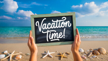 Hands Holding a Chalkboard Saying Vacation Time! on a Beach