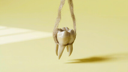 Isolated Clean Human Tooth Hanging from String, Casting Shadow on Minimalist Yellow Surface