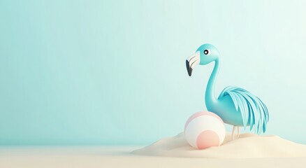 Obraz premium Adorable Blue Flamingo With Pink Sphere On Sandy Beach, Pastel Colors, Three Dimensional Rendering