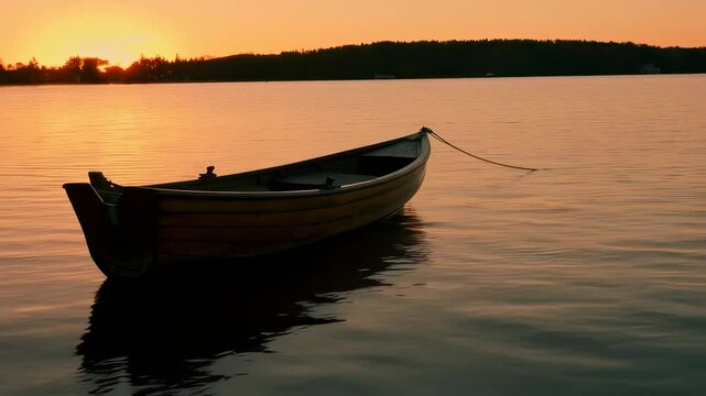 Solitary rowboat bobs gently on tranquil water during golden hour sunset scene