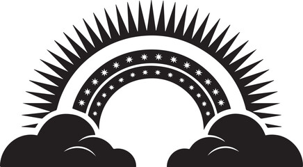 Sunburst Rainbow and Cloud Silhouette Icon with Vintage Decorative Style