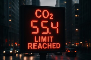 Digital sign on a city street at night displays "CO2 55.4 LIMIT REACHED" indicating high carbon dioxide levels.
