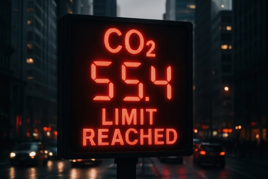 Digital sign on a city street at night displays "CO2 55.4 LIMIT REACHED" indicating high carbon dioxide levels.