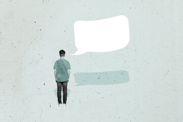Contemporary artwork collage of anonym man stand back communication icon speech correspondence...