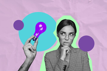 Sketch pop image sketch full collage of happy businessman businesswoman stand light bulb idea...