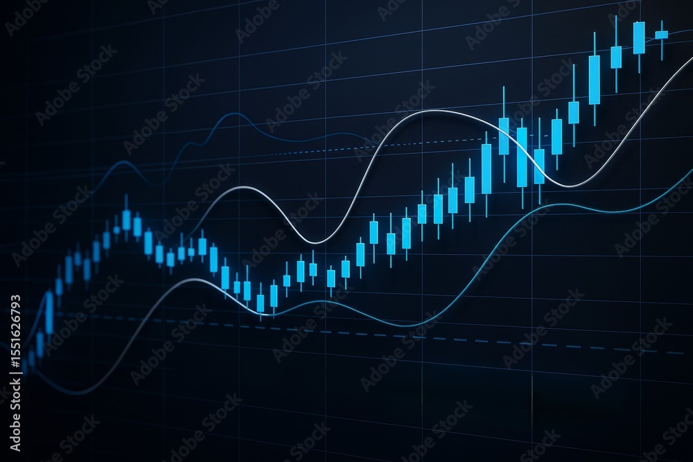 Poster abstract financial chart with candlestick data, trend lines and blue glowing light on dark backgroun