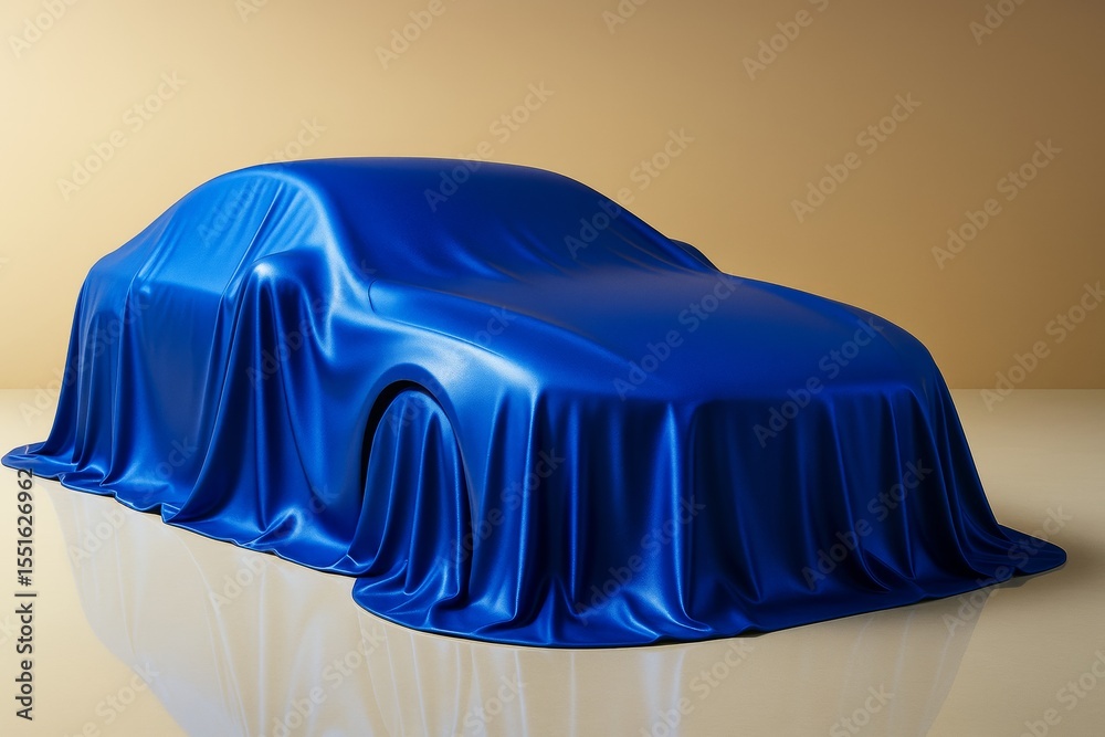 Poster covered car draped in shiny blue fabric on glossy floor with beige background under soft light in a 