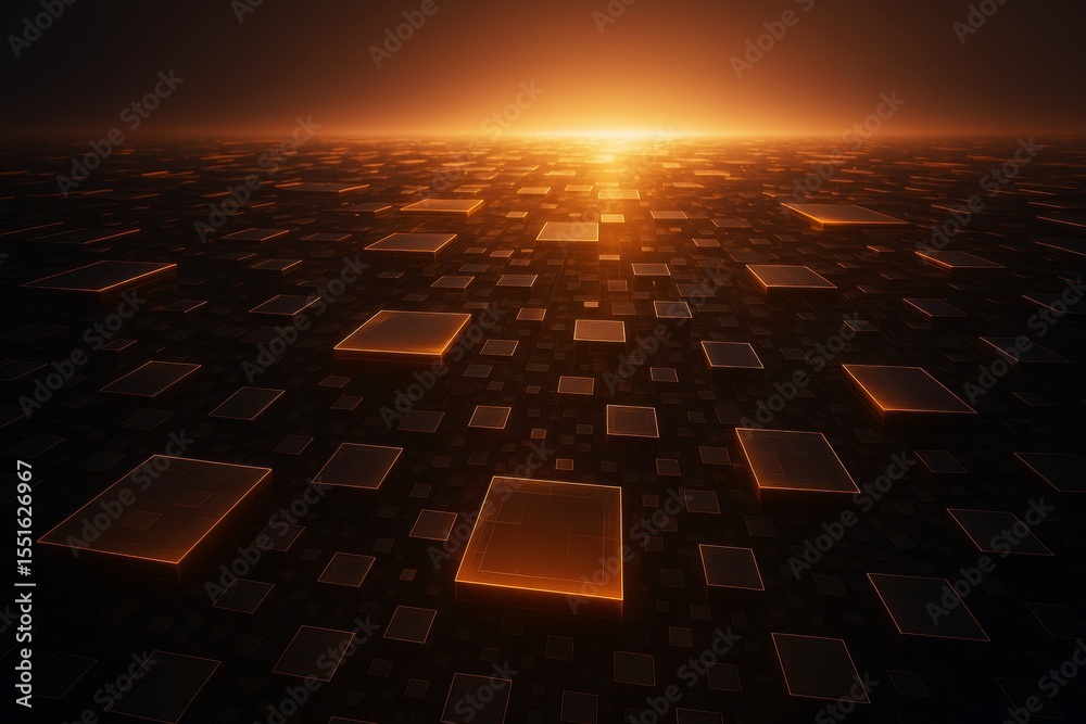Poster futuristic glowing orange digital tiles on dark background forming abstract illuminated horizon in h