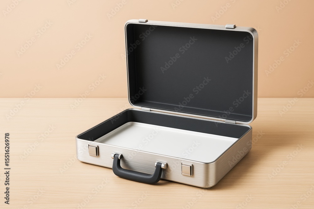 Poster open empty metal suitcase with black interior on wooden surface and soft beige background under natu