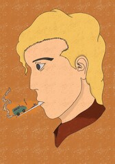 An illustration of a smoking man and all his anxieties