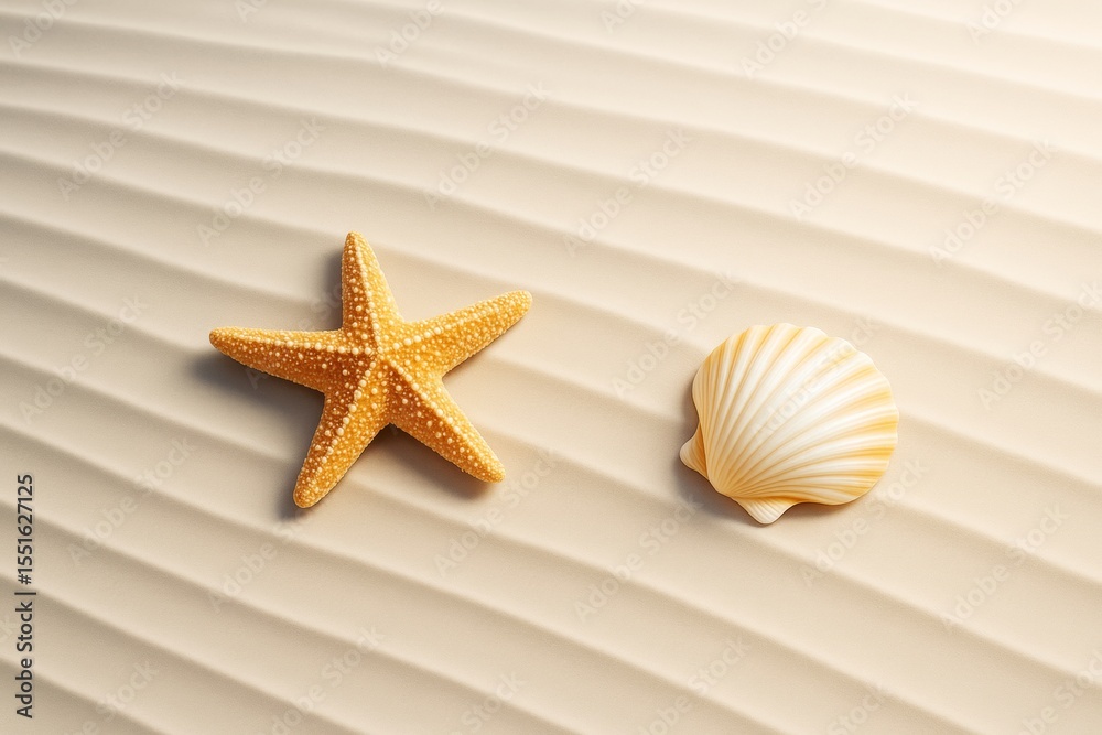 Poster Starfish and shell on wavy sand background with soft shadows and warm lighting in a minimalistic summer beach composition. Ai generative.