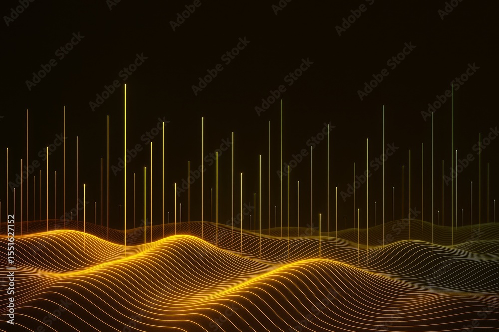 Poster Abstract glowing yellow lines forming wave patterns with vertical light beams on dark background, futuristic digital landscape concept.