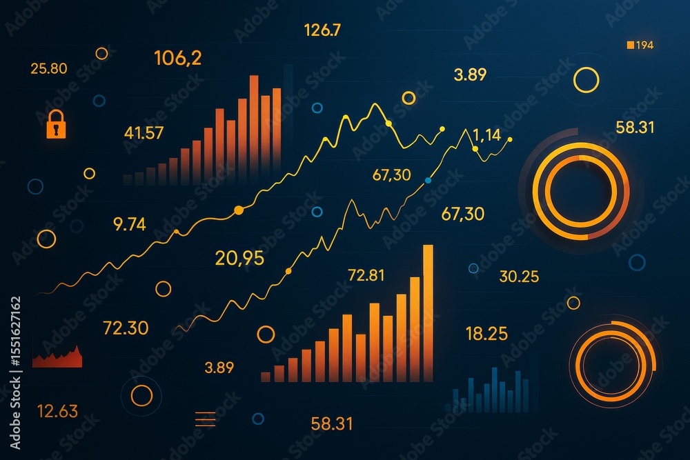 Poster Abstract digital financial dashboard with glowing charts, graphs, and data analysis elements on a dark background representing business analytics.