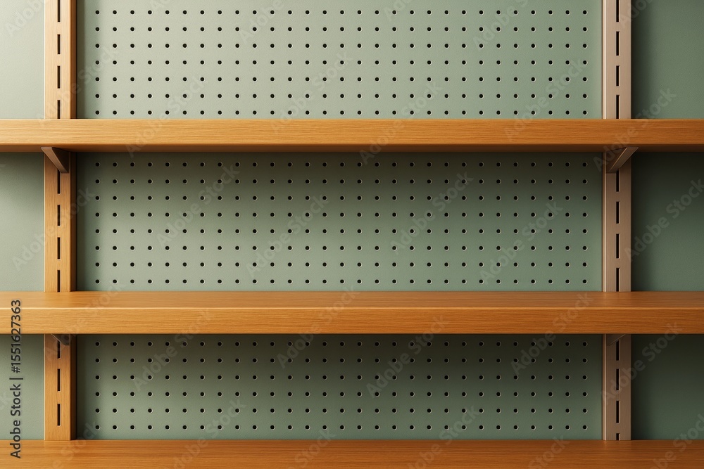 Poster empty wooden shelves with perforated green wall background in clean composition for product mockup o