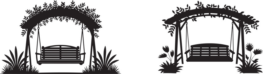 Garden Swing Bench Silhouette Set with Floral Arch and Leafy Decor
