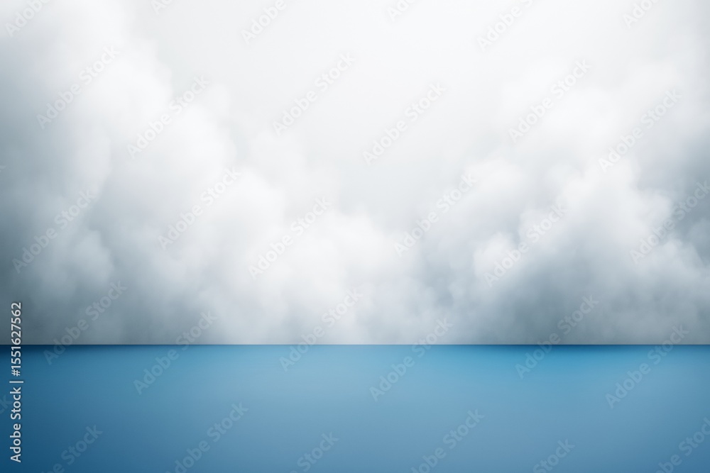Poster Clean empty blue surface with soft white cloud background in minimal light composition for product display or branding concept template mockup.