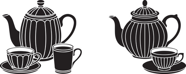 Vintage Teapot and Teacup Silhouette Set with Elegant Tea Serving Design