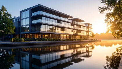 Obraz premium Architectural Photography of Modern Office Buildings, Capturing Global Workspaces in Urban, Suburban, Eco-Friendly, and Scenic Environments Across Day and Night Settings