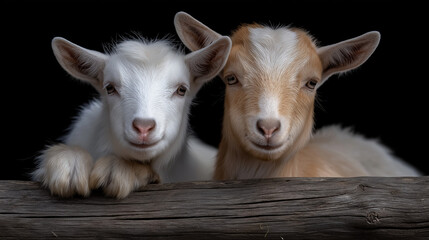 Obraz premium Calm Goats Resting on a Wooden Fence Against a Dark Background