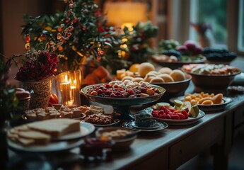 Fototapeta premium An Abundant Harvest Table Featuring a Variety of Fruits, Berries, Breads, and Cheese