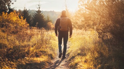 Man Enjoying a Peaceful Walk in Nature Under Golden Sunset Light