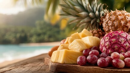 A colorful display of tropical fruits, including pineapples and grapes, exuding freshness and summery vibes, perfect for culinary presentations or lifestyle content.