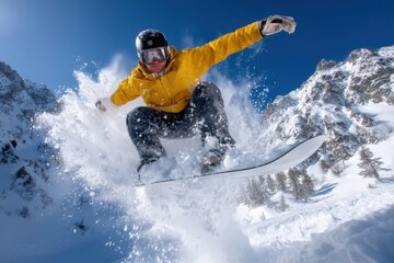 Snowboarder performs mid-air jump surrounded by snowy mountains on a clear day