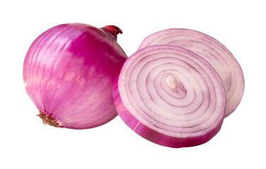 Single fresh peeled red or purple Spanish onion bulb with two onion slices in circles in stack...