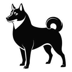Monochrome Silhouette of a Shiba Inu Dog Standing Profile Showing Curled Tail and Erect Ears with White Markings around Head