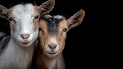 Fototapeta premium Two goats standing side by side against a black background