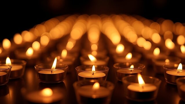 Rows of burning tea light candles with a shallow depth of field creating a beautiful bokeh background.
