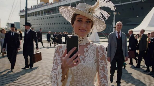 A time-traveler's selfie in a 1910s noblewoman's traditional costume next to the Titanic just before departure. The pier is packed with passengers boarding the famous ocean liner.