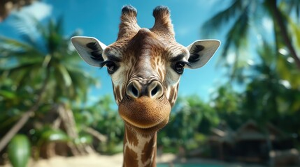A close-up shot of a giraffe's head showcasing its unique features while surrounded by tropical greenery, capturing the animal's curiosity and the beauty of its habitat.
