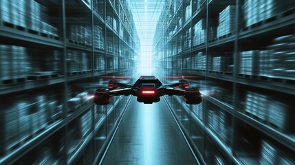 Advanced Flying Drone Navigating Through Industrial Warehouse Space