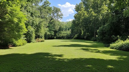 Lush green lawn nestled between towering trees under a partly cloudy sky. A serene, idyllic summer scene