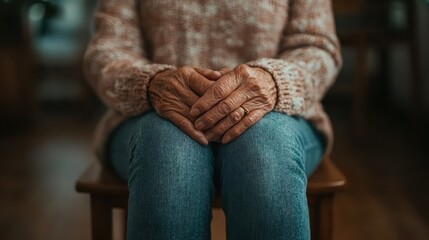 A close-up image of elderly hands resting on knees, showcasing the beauty of aging and the story behind every wrinkle in delicate textures against soft lighting.