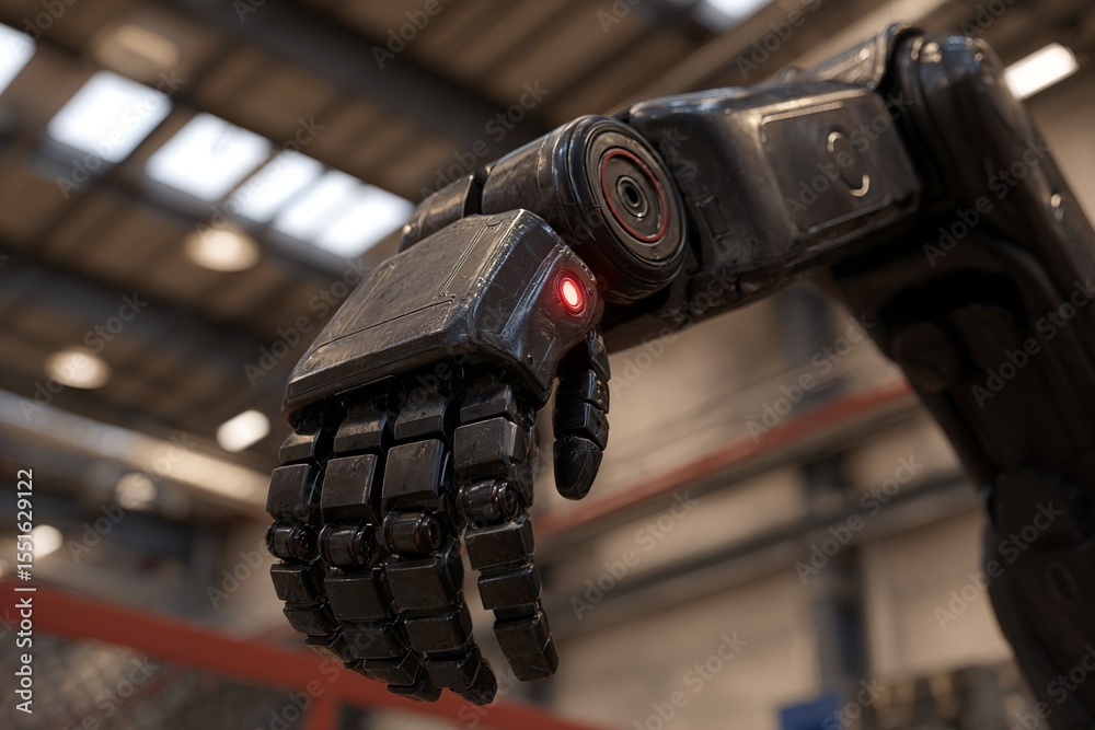 Poster advanced robotic hand showcasing intricate design and functionality in a modern industrial setting