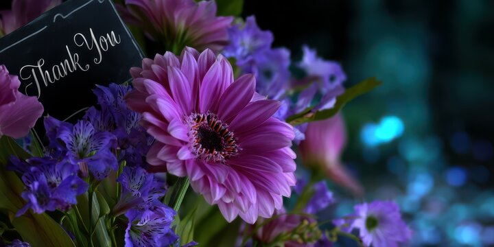 Colorful bouquet of flowers with a thank you note displayed in a pleasant setting