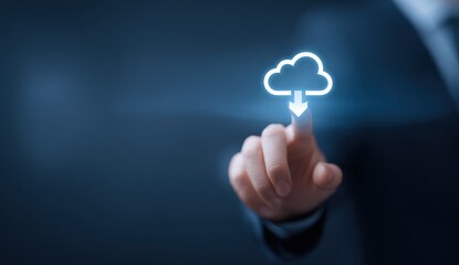 Hand touching cloud download icon on a blue background representing cloud computing