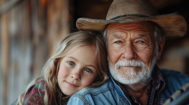 An endearing image capturing a grandfather and granddaughter sharing a warm moment together, showcasing the bonds of family and generational love in a rustic setting.