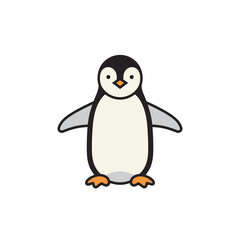 Obraz premium Cartoon penguin with black and white plumage orange feet and outstretched wings.